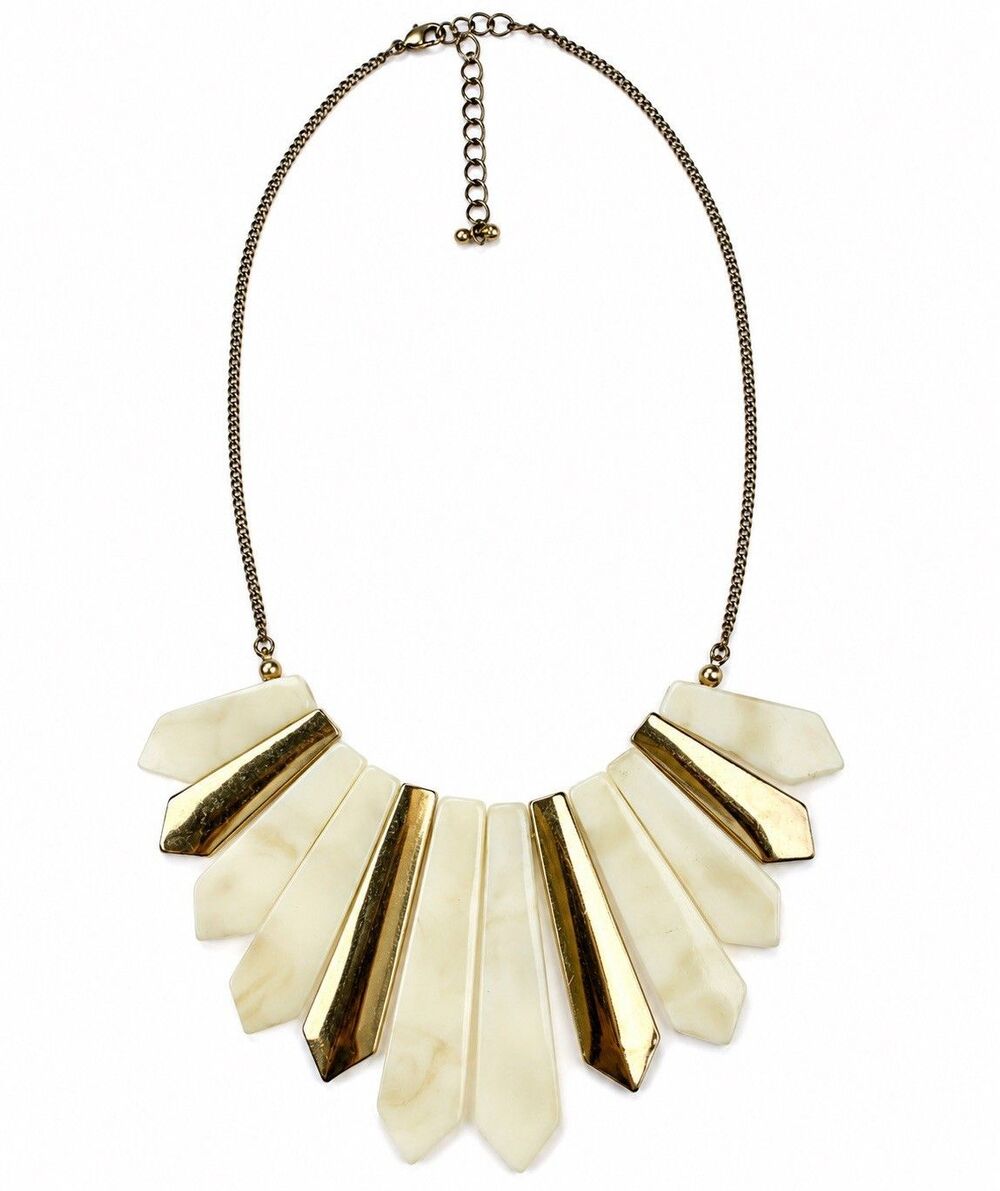 Vintage Statement Bib Necklace Ivory Marbled Resin Gold Tone Geometric Art Deco